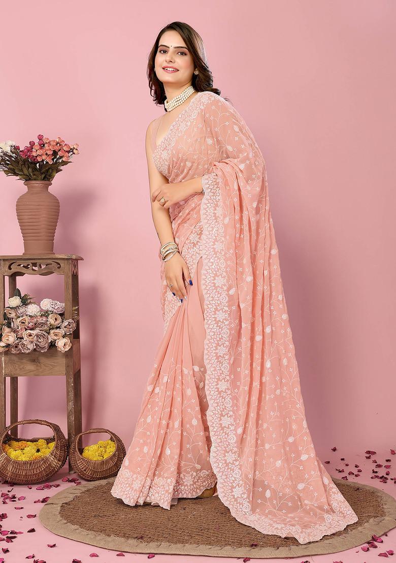 Peach Embroidered Georgette Saree Set
