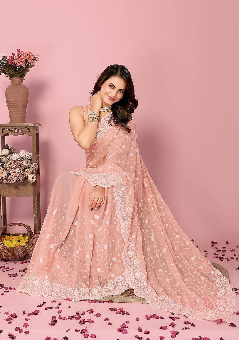 Peach Embroidered Georgette Saree Set
