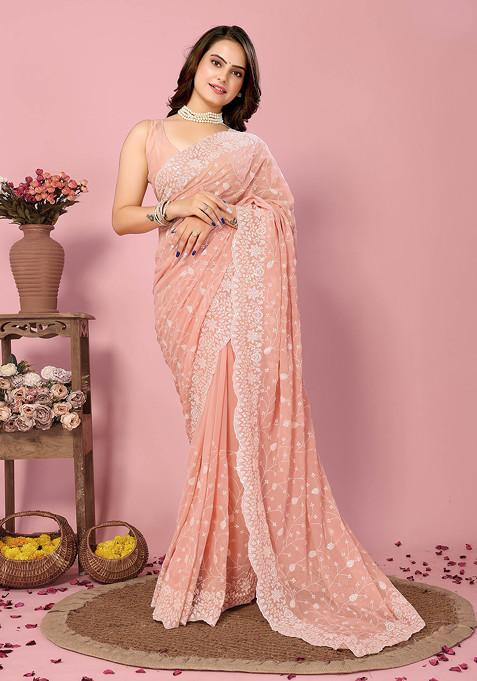 Peach Embroidered Georgette Saree Set