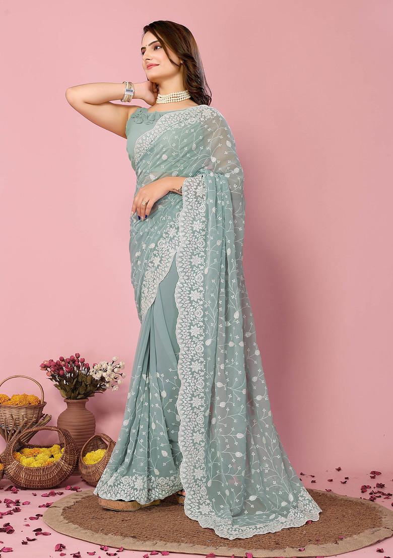 Sea Green Embroidered Georgette Saree Set