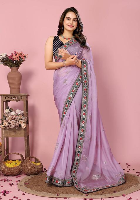 Lavender Embroidered Organza Silk Saree Set