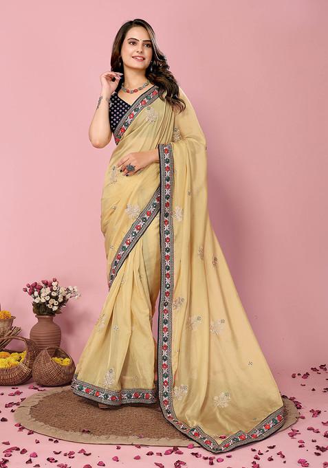 Yellow Embroidered Organza Silk Saree Set