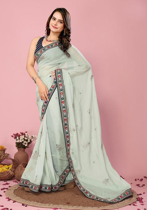 Mint Green Embroidered Organza Silk Saree Set