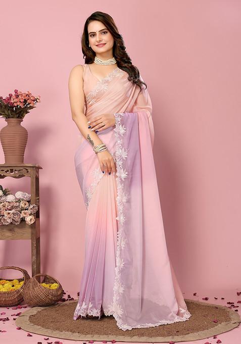 Peach Embroidered Organza Silk Saree Set