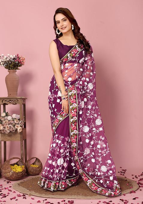 Magenta Embroidered Soft Net Saree Set