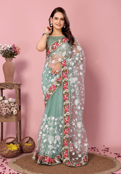 Mint Green Embroidered Soft Net Saree Set