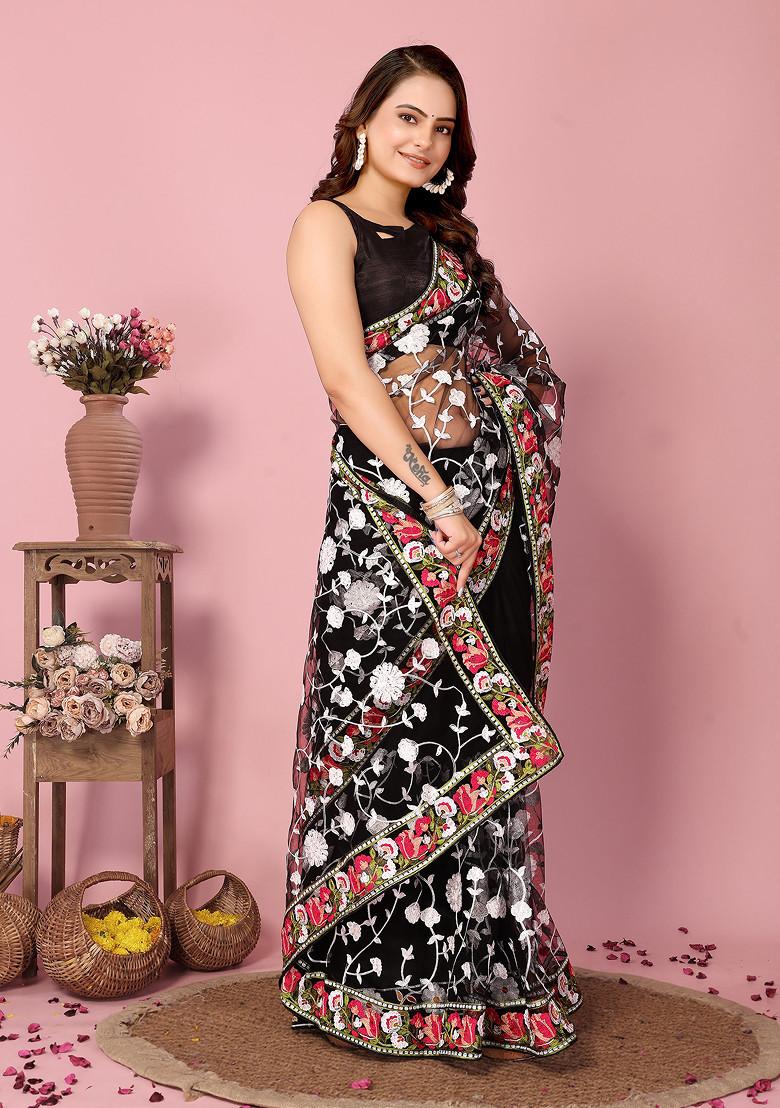 Black Embroidered Soft Net Saree Set