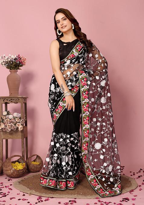 Black Embroidered Soft Net Saree Set