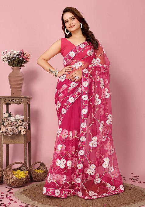 Pink Embroidered Soft Net Saree Set