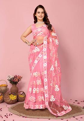 Peach Embroidered Soft Net Saree Set