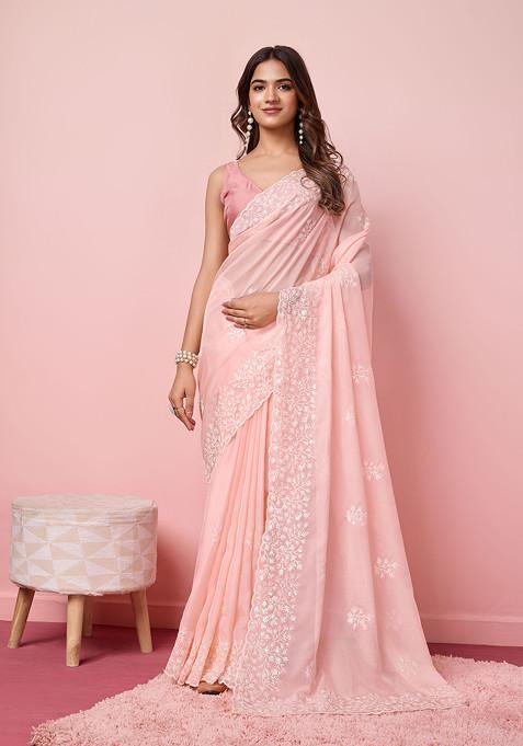 Peach Embroidered Organza Saree Set