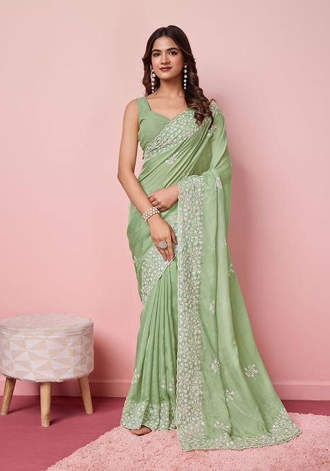 Olive Embroidered Organza Saree Set