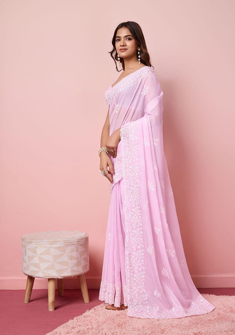 Light Pink Embroidered Organza Saree Set