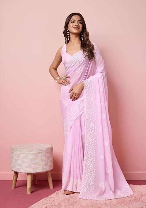 Light Pink Embroidered Organza Saree Set