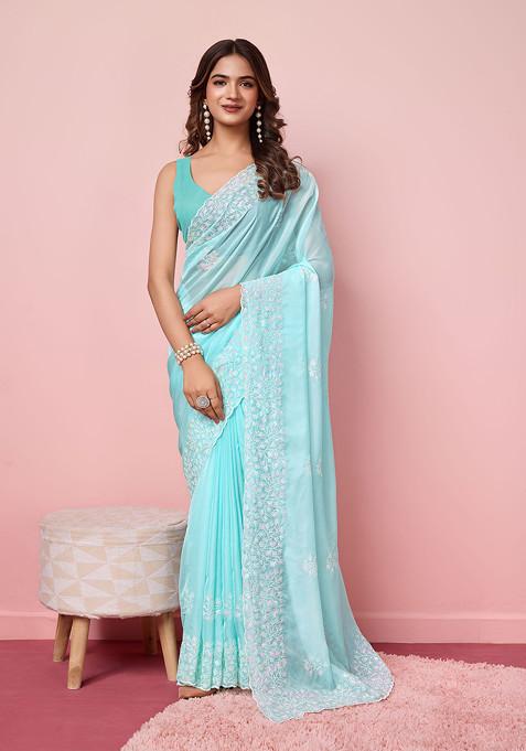 Light Blue Embroidered Organza Saree Set