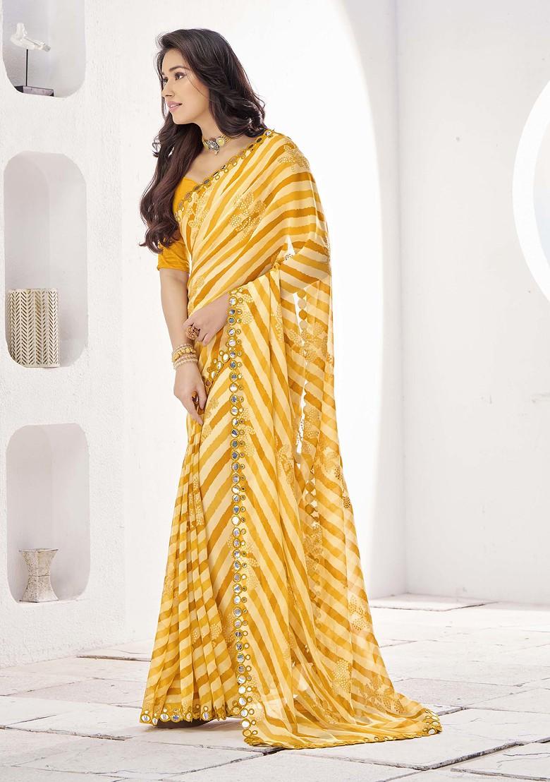 Yellow Printed Mirror Embellished Georgette Saree Set