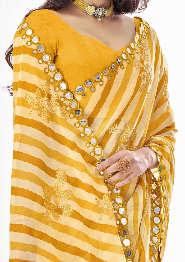 Yellow Printed Mirror Embellished Georgette Saree Set