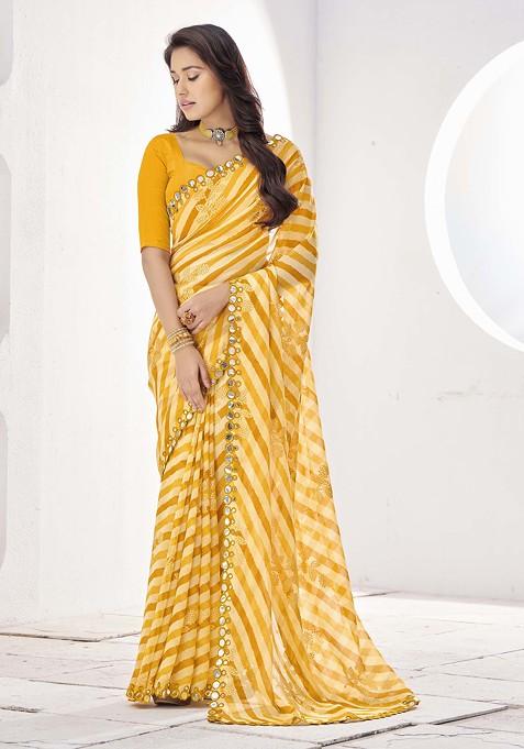 Yellow Printed Mirror Embellished Georgette Saree Set