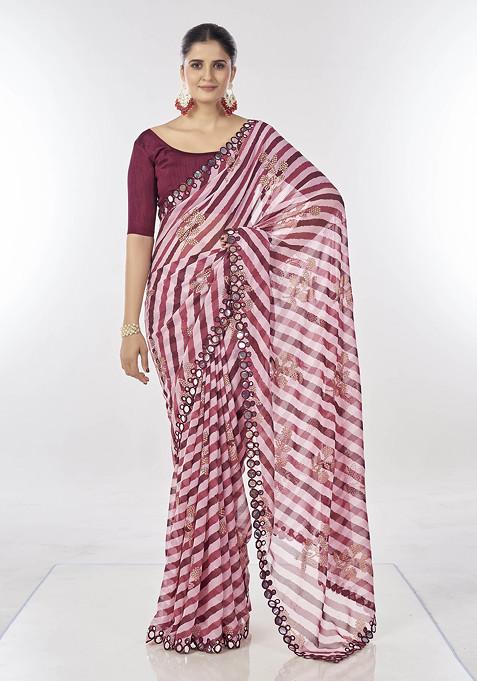 Maroon Printed Mirror Embellished Georgette Saree Set