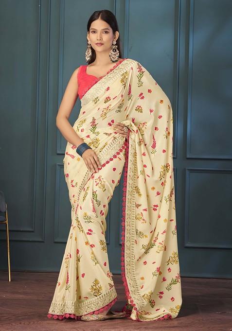 Off White Printed Embroidered Georgette Saree Set