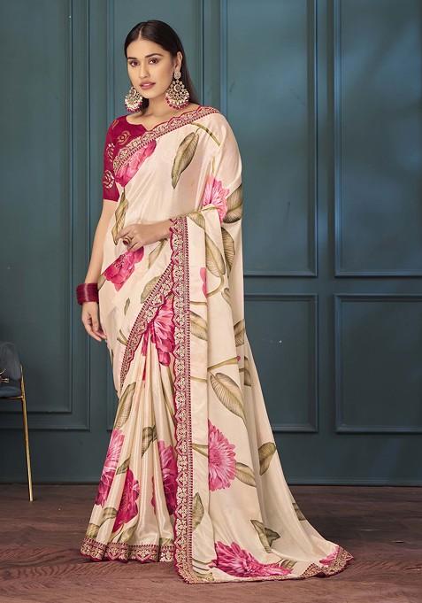 Off White Printed Silk Blend Saree Set