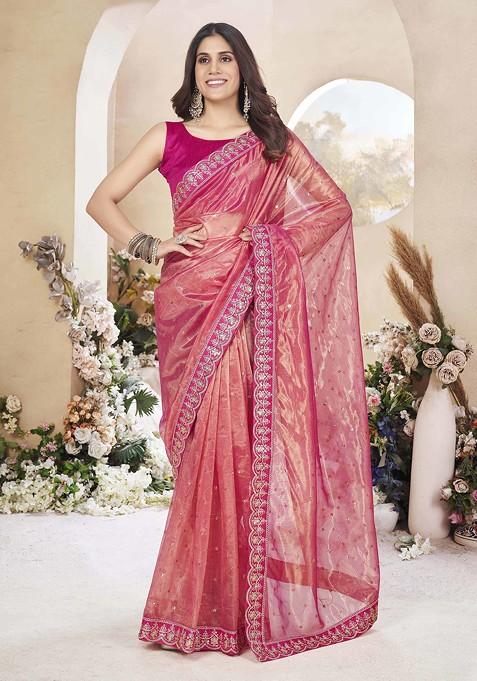 Coral Embroidered Silk Blend Saree Set