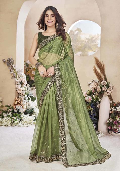 Mehendi Green Embroidered Silk Blend Saree Set