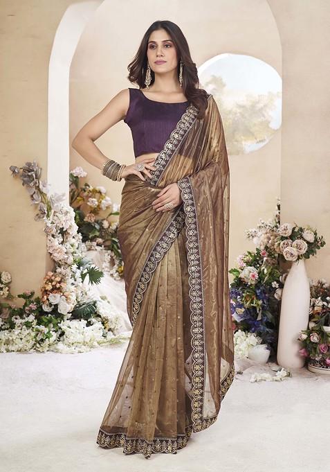 Copper Embroidered Silk Blend Saree Set