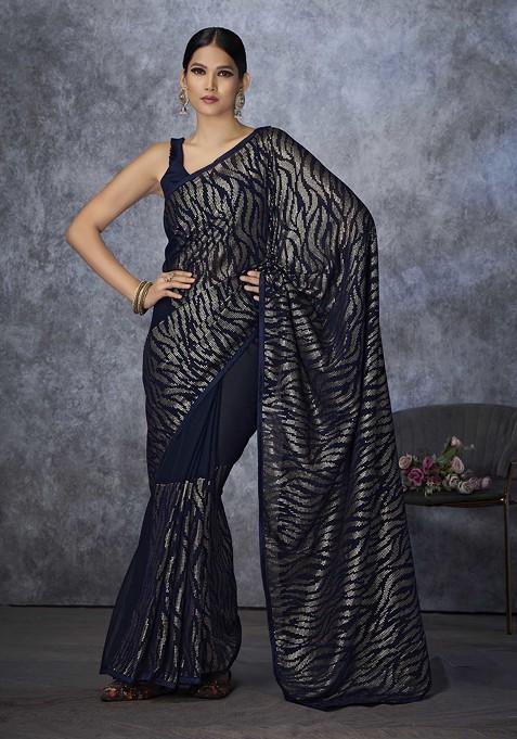 Navy Blue Embroidered Georgette Saree Set