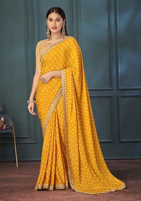 Yellow Printed Silk Blend Saree Set