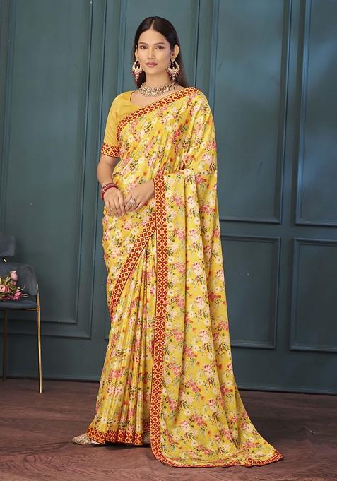 Yellow Floral Print Silk Blend Saree Set