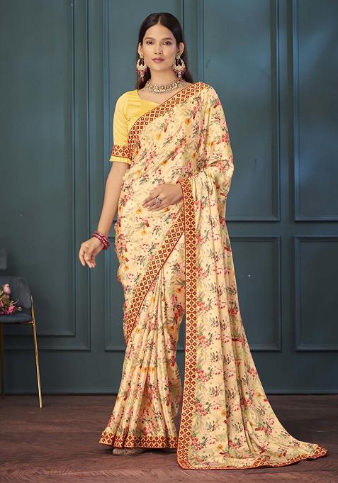 Yellow Floral Print Saree Set