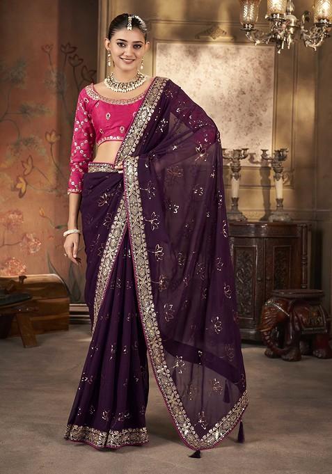 Wine Embroidered Georgette Saree Set