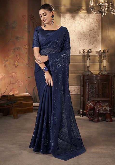 Navy Blue Embroidered Georgette Saree Set