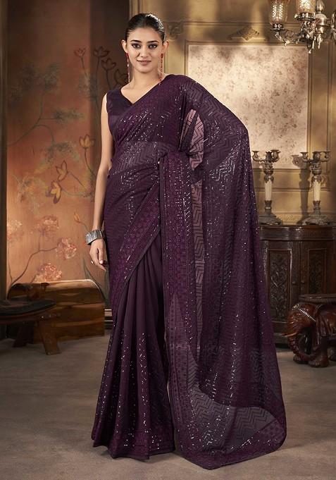 Wine Embroidered Georgette Saree Set