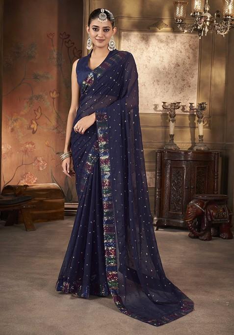 Navy Blue Sequin Embroidered Georgette Saree Set