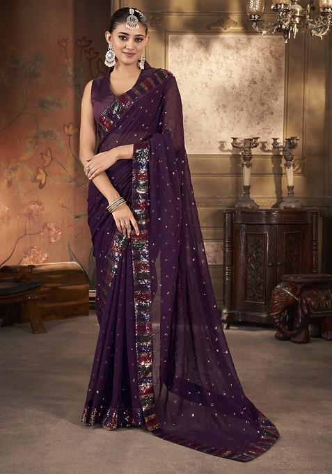 Wine Sequin Embroidered Georgette Saree Set