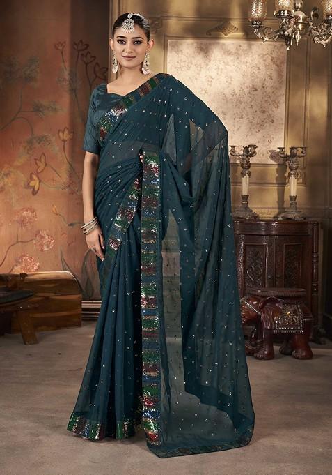 Teal Sequin Embroidered Georgette Saree Set