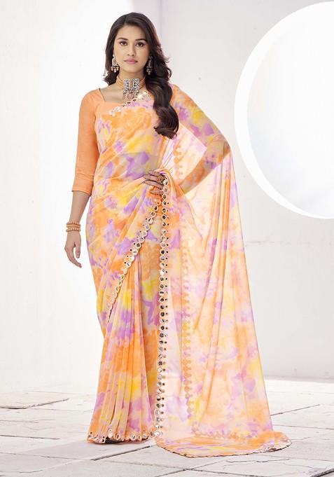 Orange Printed Georgette Saree Set