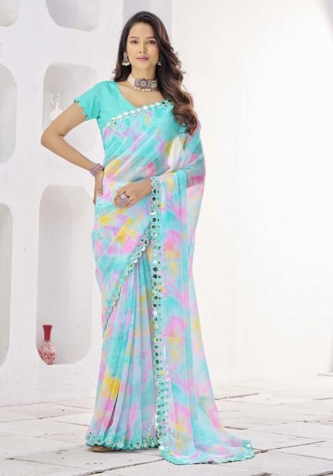 Blue Printed Georgette Saree Set