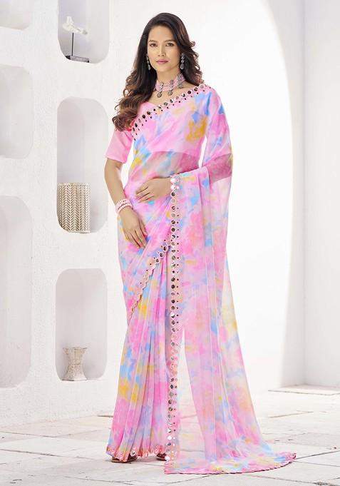 Pink Printed Georgette Saree Set