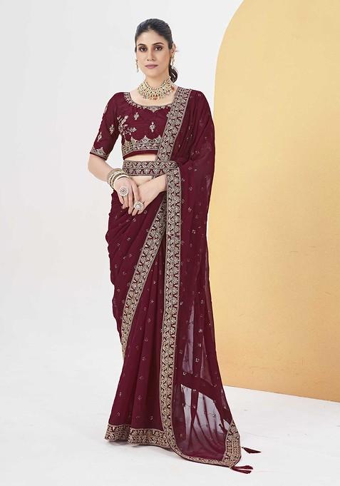 Maroon Embroidered Georgette Saree Set