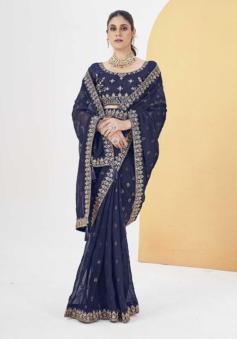 Navy Blue Sequin Embroidered Saree Set