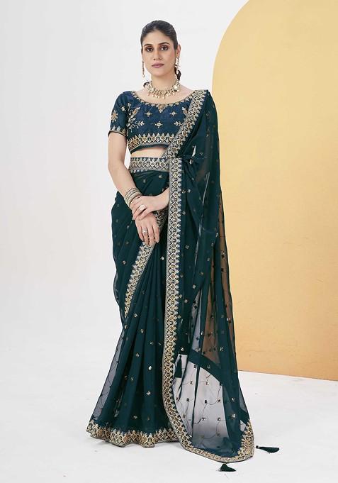 Teal Sequin Embroidered Georgette Saree Set