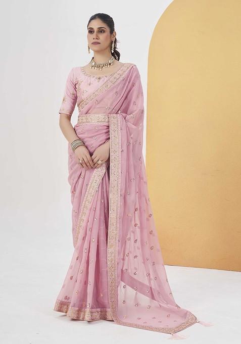 Onion Pink Sequin Embroidered Georgette Saree Set