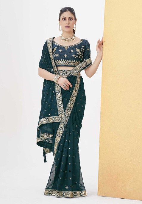 Teal Sequin Embroidered Saree Set