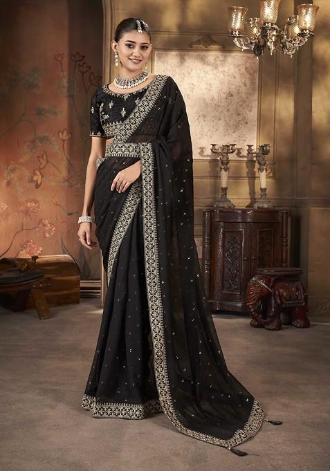 Black Sequin Embroidered Saree Set