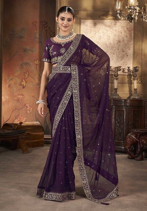 Wine Sequin Embroidered Saree Set