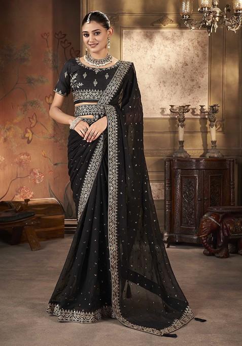 Black Sequin Embellished Georgette Saree Set