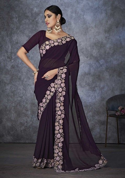 Wine Embroidered Georgette Saree Set